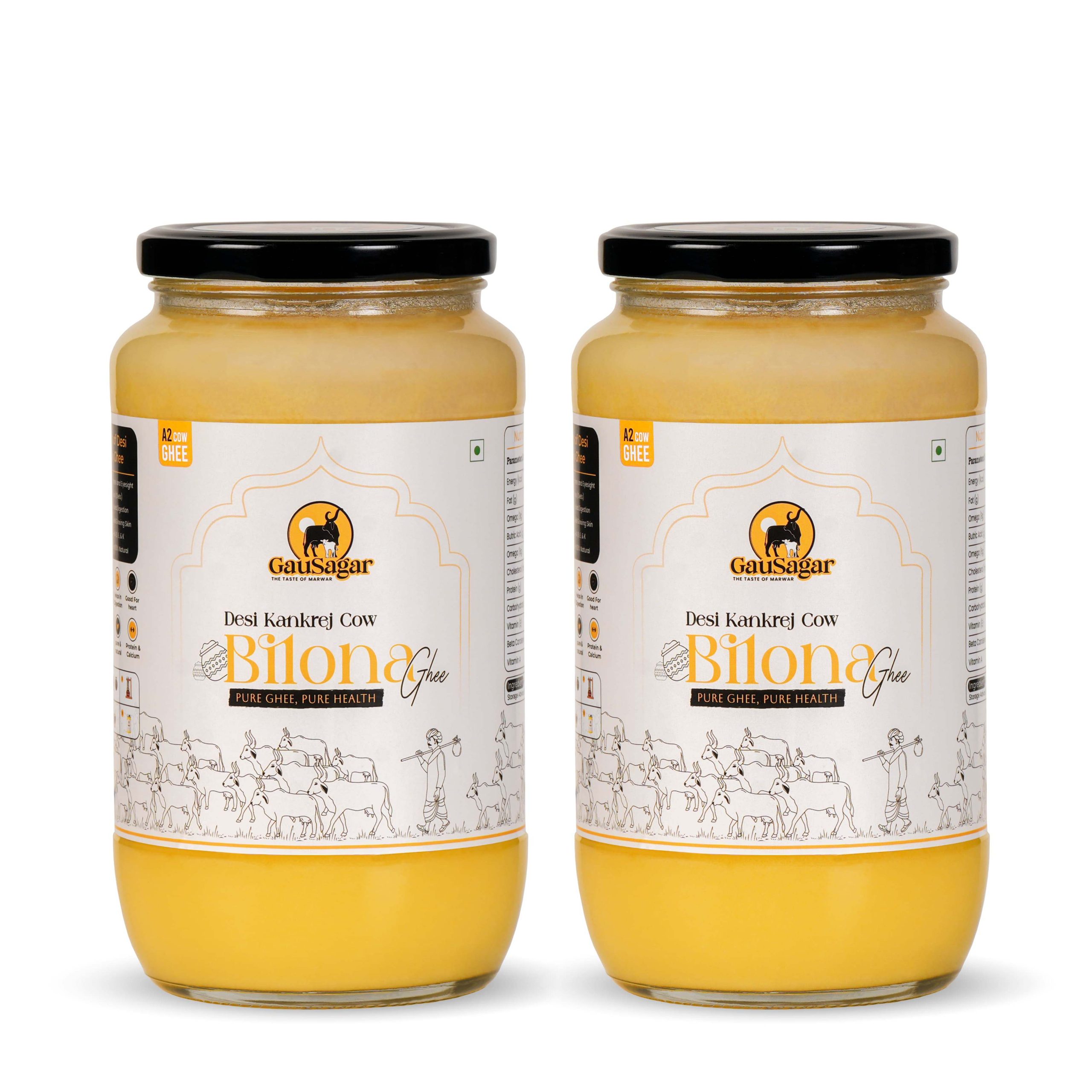 GauSagar A2 Desi Kankrej Cow Bilona Ghee 1000ML + 1000ML Glass Jar