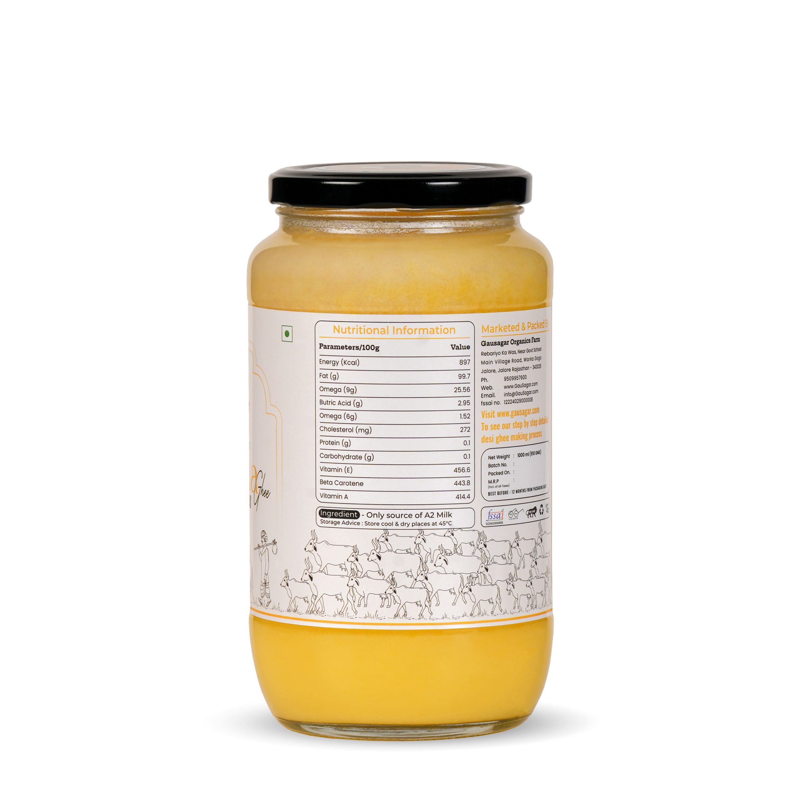 GauSagar A2 Desi Kankrej Cow Bilona Ghee 1000ML + 1000ML Glass Jar - Image 2