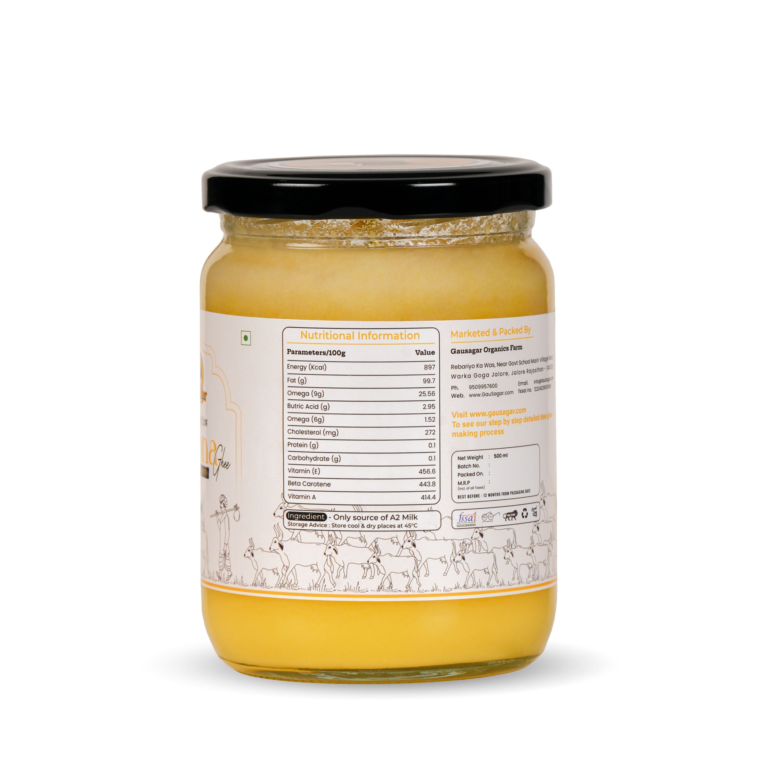 GauSagar A2 Desi Kankrej Cow Bilona Ghee 500ML Glass Jar - Image 2