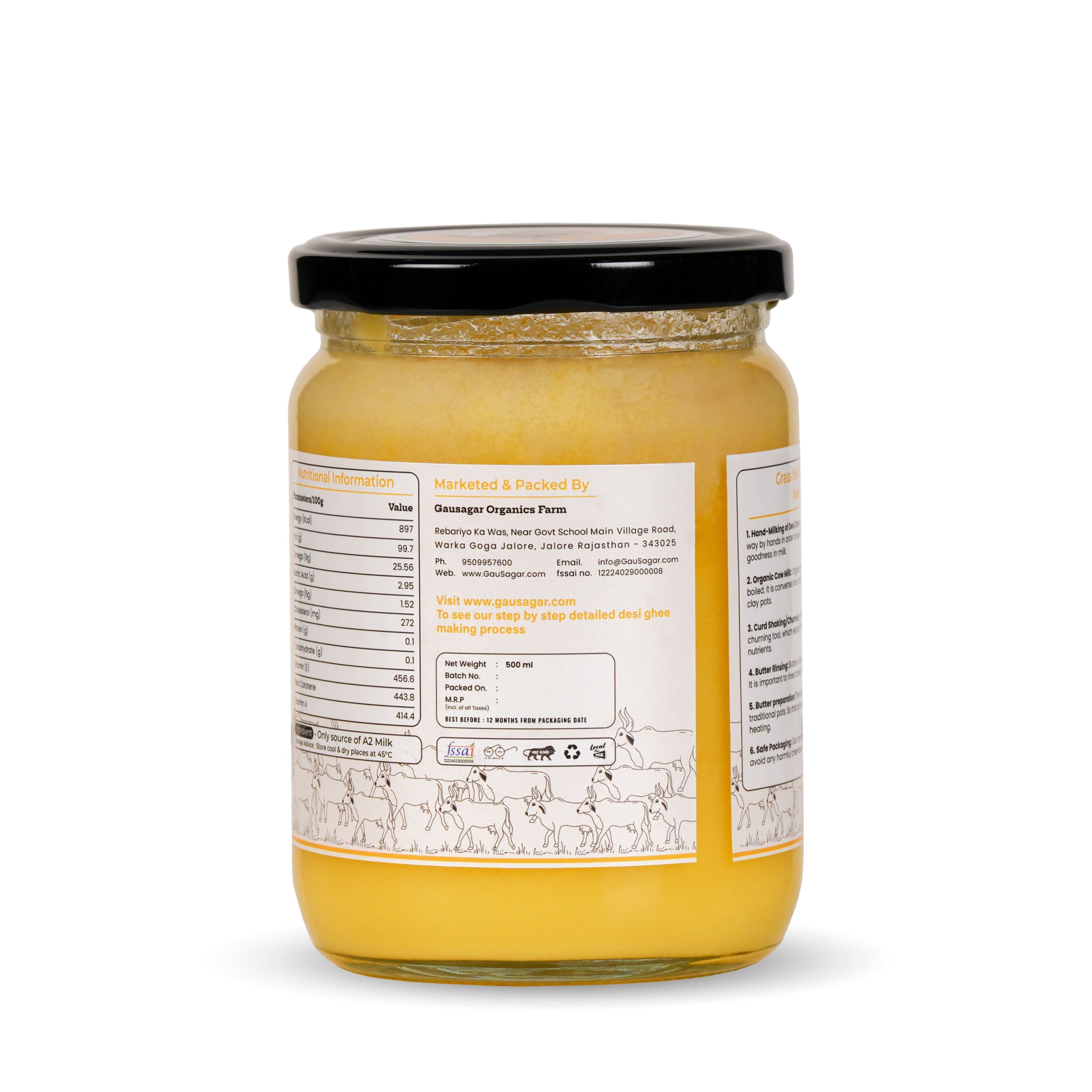 GauSagar A2 Desi Kankrej Cow Bilona Ghee 500ML Glass Jar - Image 3