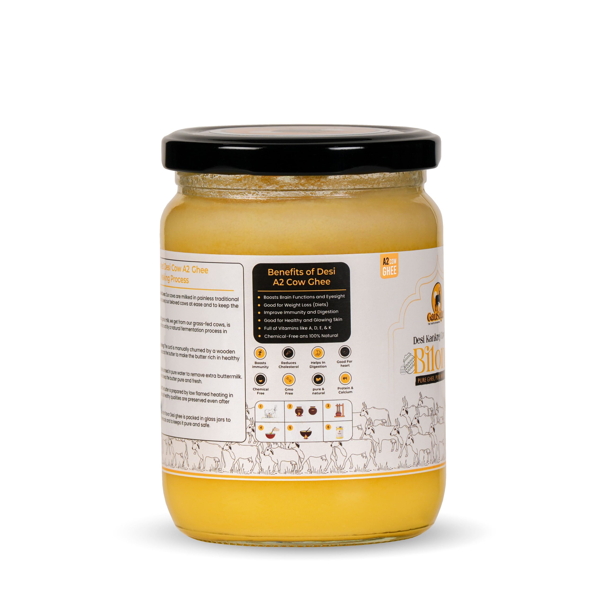 GauSagar A2 Desi Kankrej Cow Bilona Ghee 500ML Glass Jar - Image 5